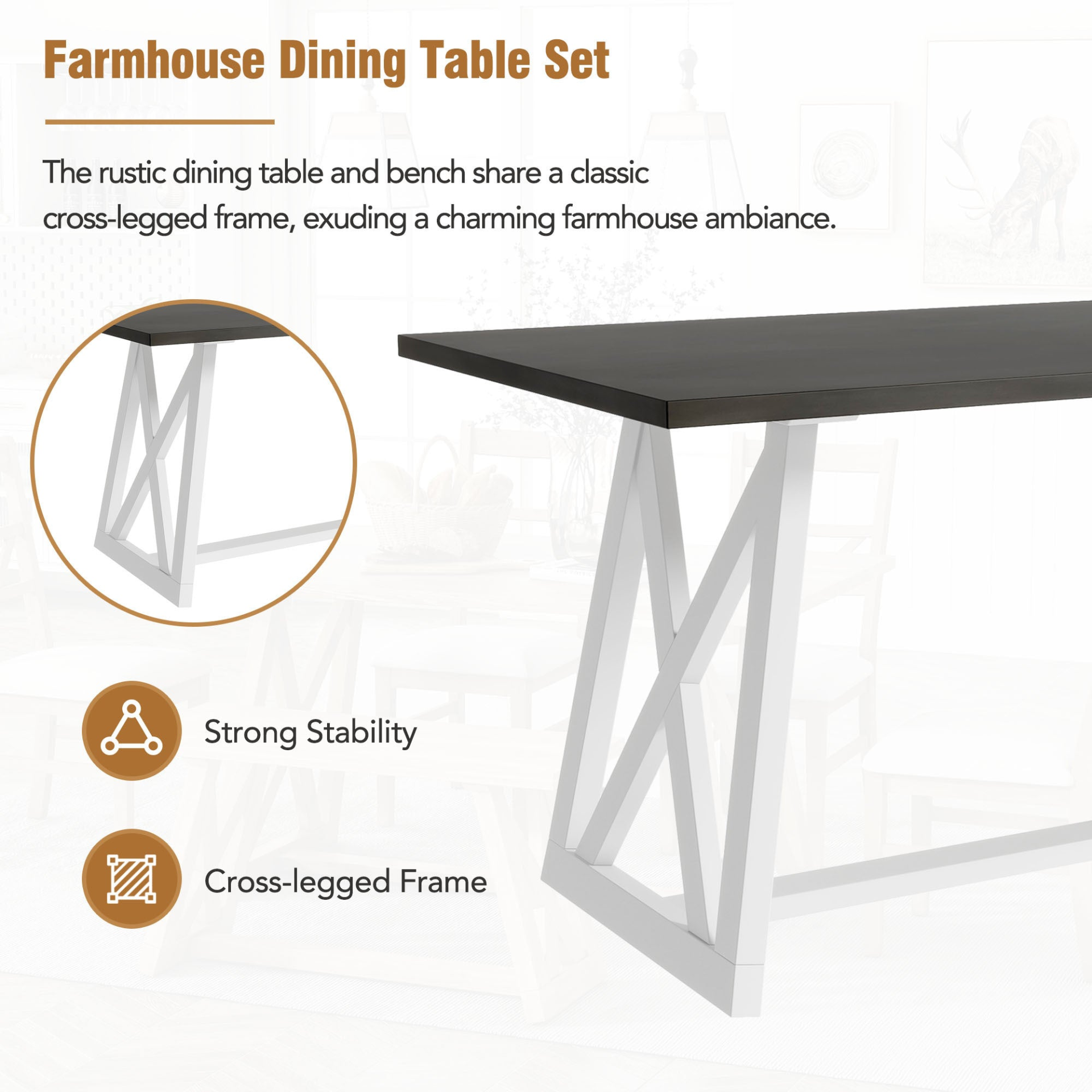 Dining Table | Farmhouse 6-Piece Dining Table Set with Cross Legs, Kitchen Set with 4 Upholstered Dining Chairs and Solid Wood Bench,White | casafoyer.myshopify.com