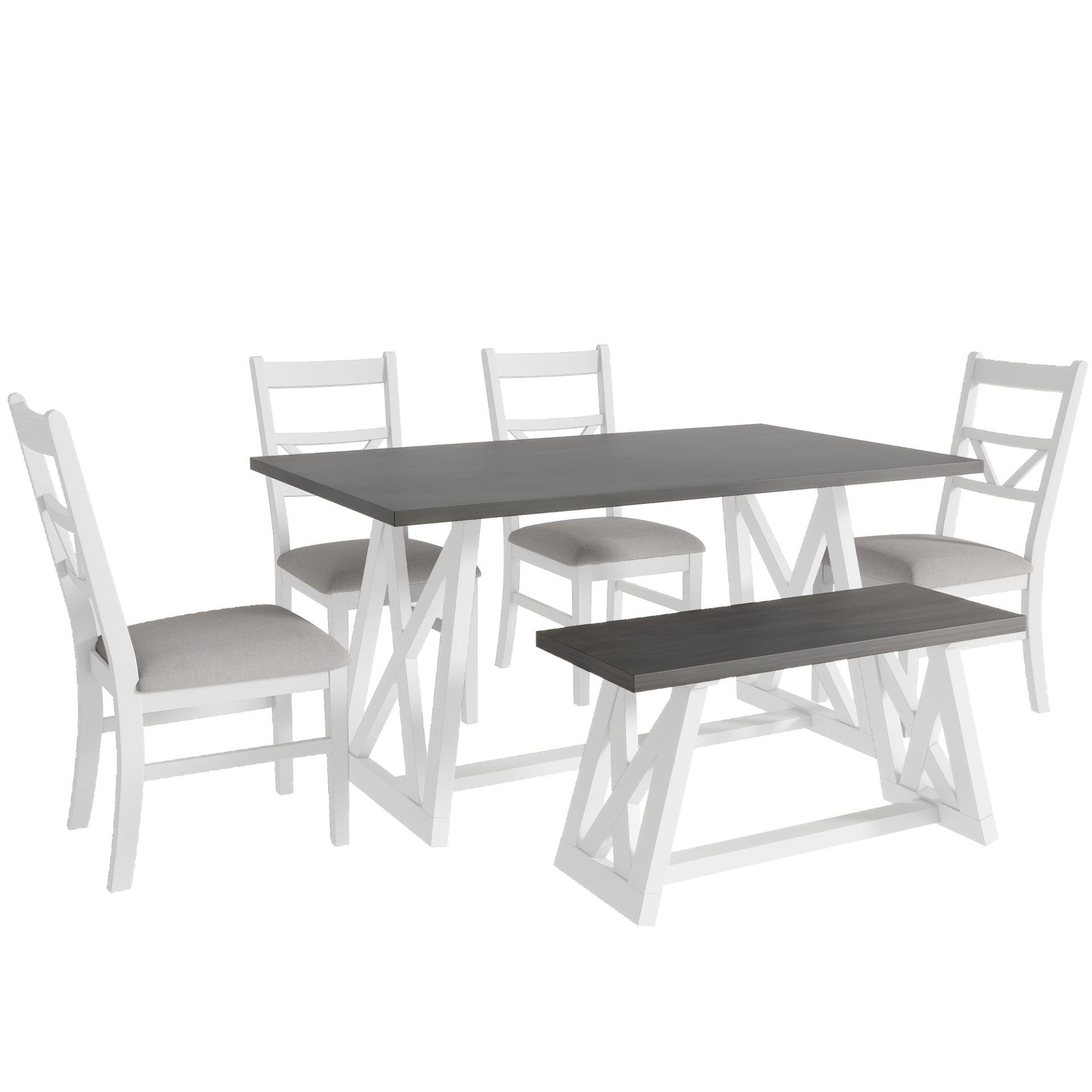 Dining Table | Farmhouse 6-Piece Dining Table Set with Cross Legs, Kitchen Set with 4 Upholstered Dining Chairs and Solid Wood Bench,White | casafoyer.myshopify.com