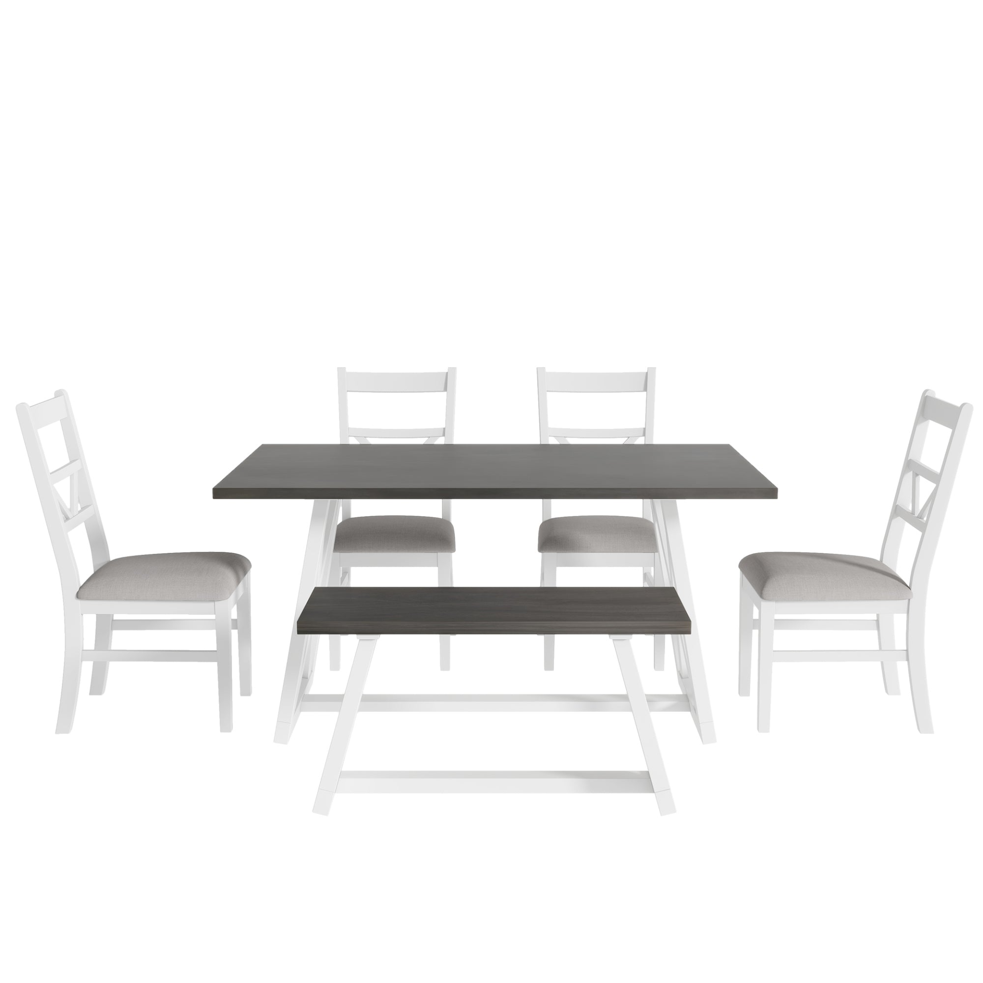 Dining Table | Farmhouse 6-Piece Dining Table Set with Cross Legs, Kitchen Set with 4 Upholstered Dining Chairs and Solid Wood Bench,White | casafoyer.myshopify.com