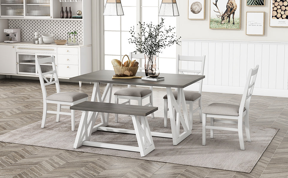 Dining Table | Farmhouse 6-Piece Dining Table Set with Cross Legs, Kitchen Set with 4 Upholstered Dining Chairs and Solid Wood Bench,White | casafoyer.myshopify.com