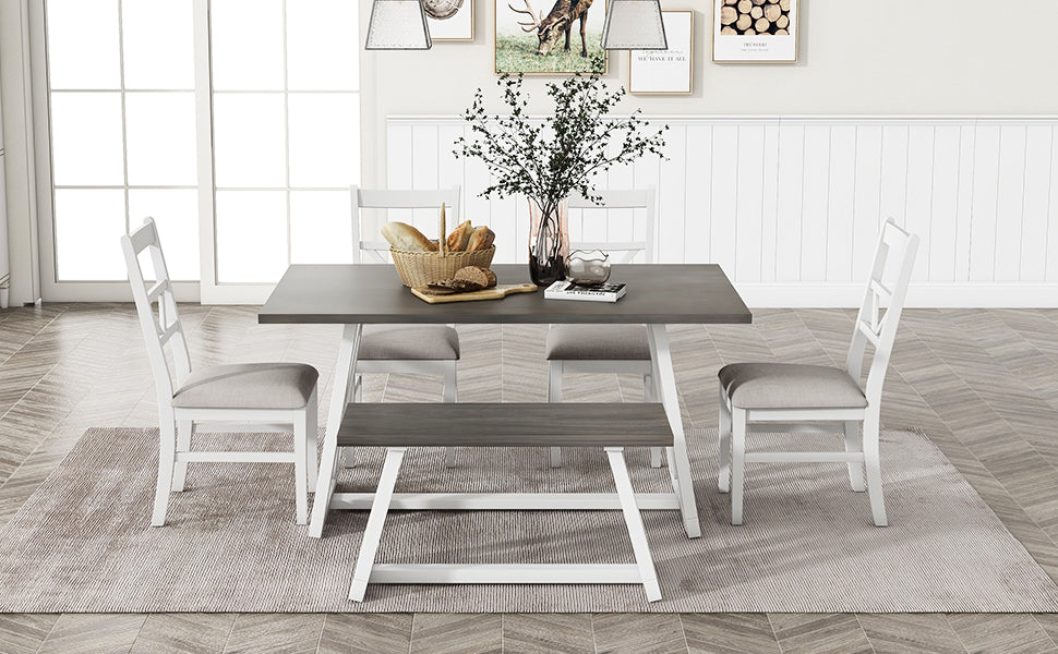 Dining Table | Farmhouse 6-Piece Dining Table Set with Cross Legs, Kitchen Set with 4 Upholstered Dining Chairs and Solid Wood Bench,White | casafoyer.myshopify.com