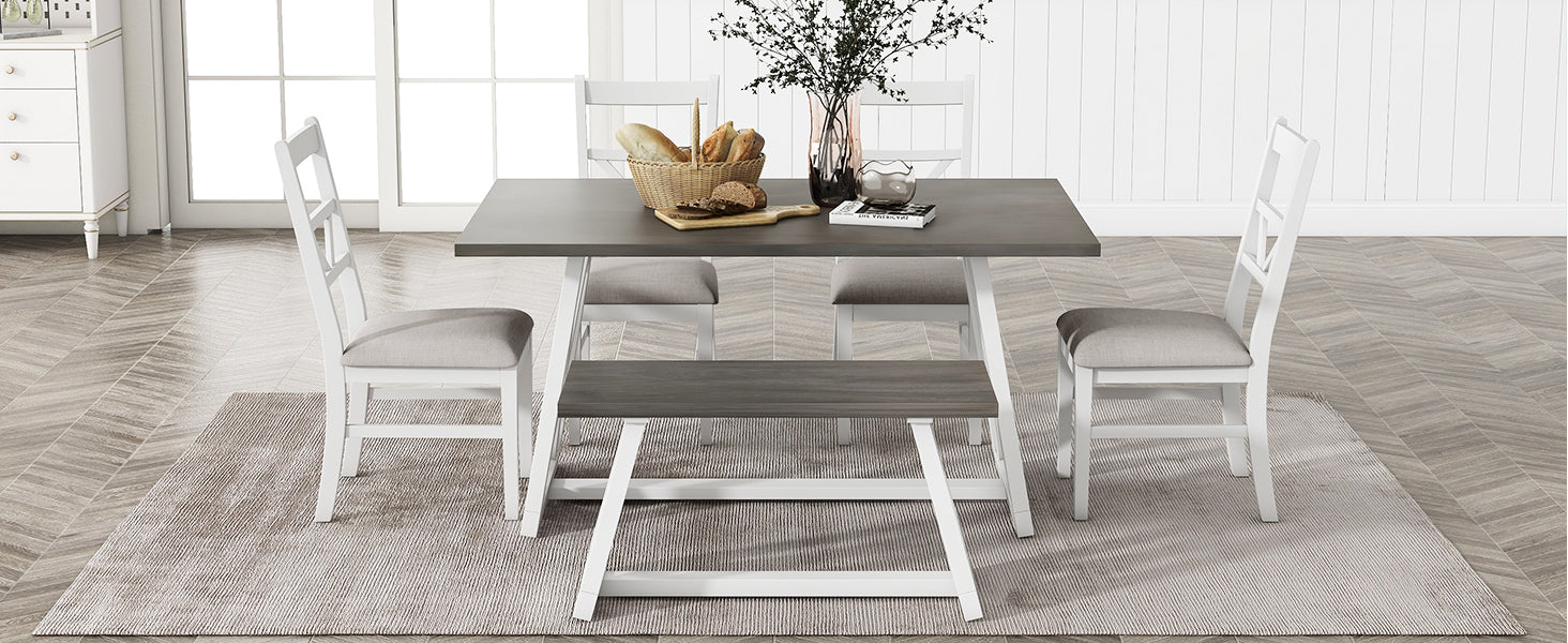 Dining Table | Farmhouse 6-Piece Dining Table Set with Cross Legs, Kitchen Set with 4 Upholstered Dining Chairs and Solid Wood Bench,White | casafoyer.myshopify.com