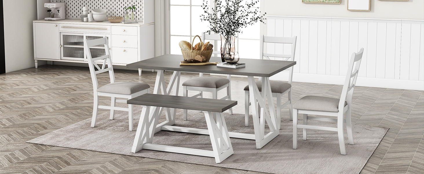 Dining Table | Farmhouse 6-Piece Dining Table Set with Cross Legs, Kitchen Set with 4 Upholstered Dining Chairs and Solid Wood Bench,White | casafoyer.myshopify.com