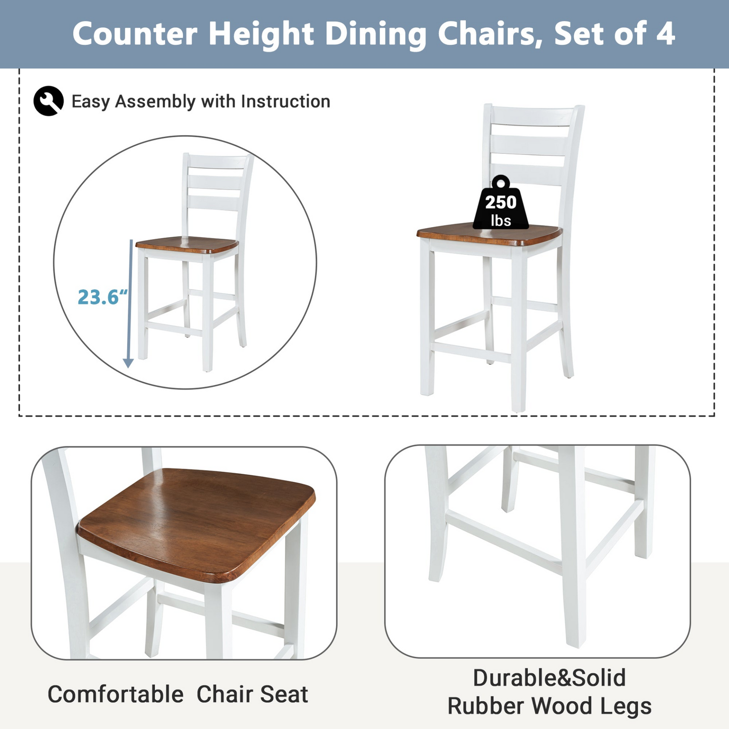 Sofa & Chair sets | Farmhouse Wood Counter Height Dining Chair Set for Small Places, Set of 4, Walnut+White | casafoyer.myshopify.com