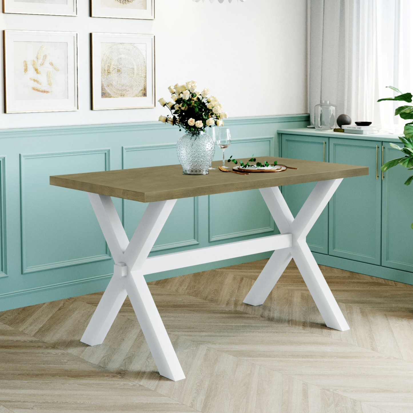 Dining Table | Farmhouse Rustic Wood Kitchen Dining Table with X-shape Legs, Gray Green | casafoyer.myshopify.com