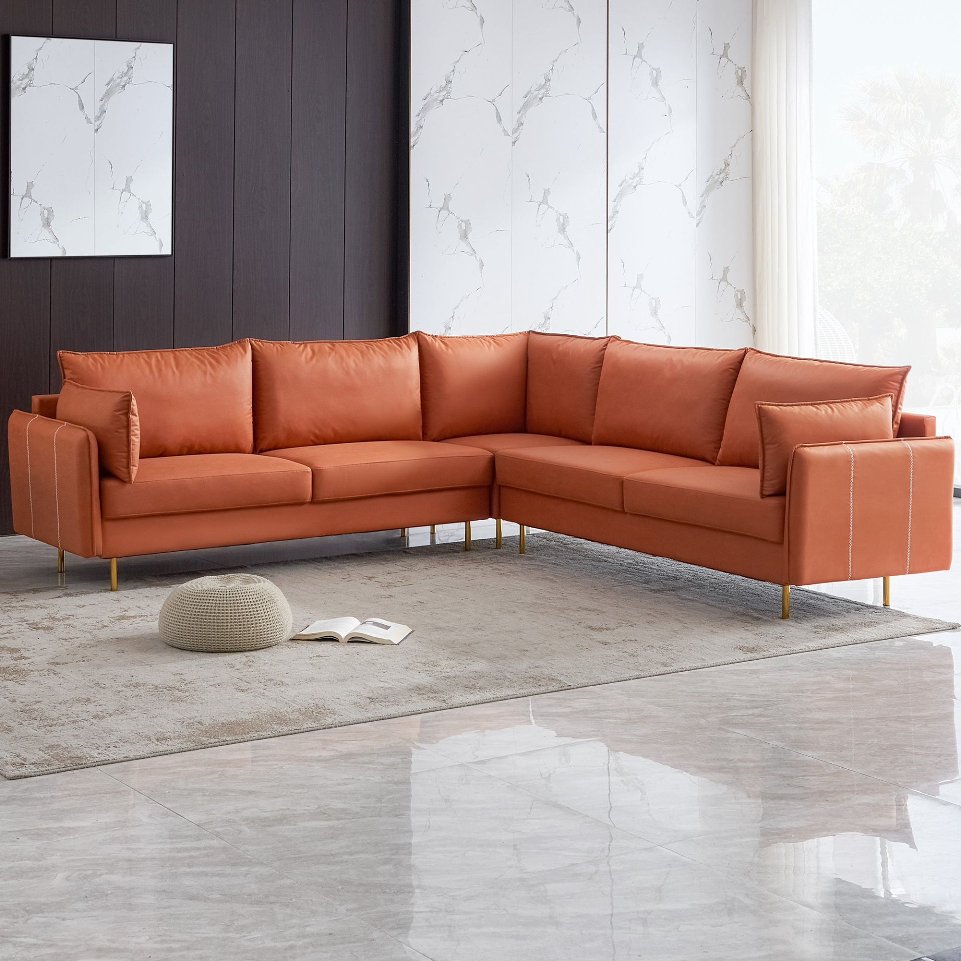 Sofa & Chair sets | L-Shaped Corner Sectional Technical leather Sofa-orange, 92.5*92.5'' | casafoyer.myshopify.com