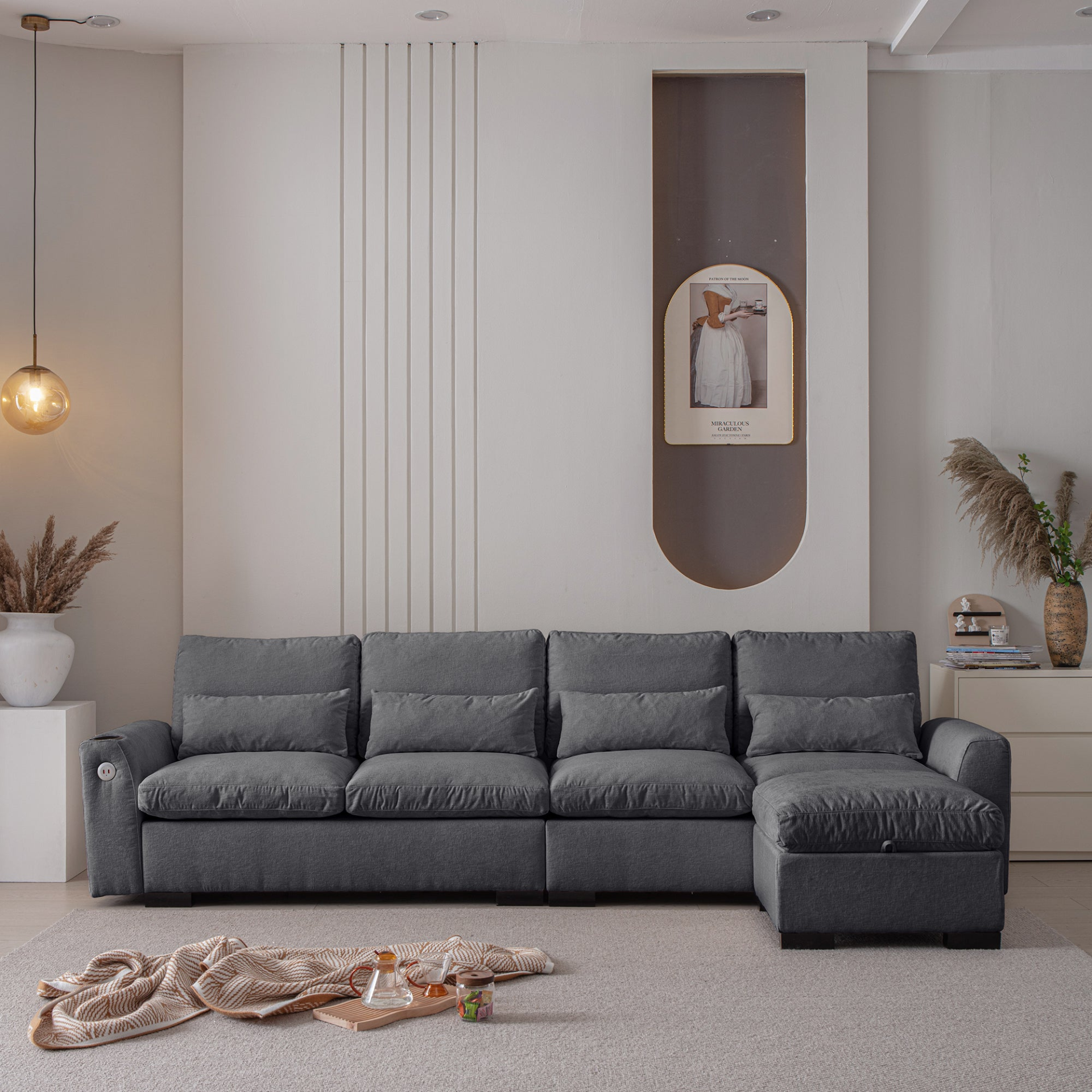 Sofa & Chair sets | Modern Modular L Shaped Chenille Sofa Couch Reversible Ottoman With Storage Removable and Washable Cushions Sofa With USB Ports & Cup Holder For Living Room | casafoyer.myshopify.com