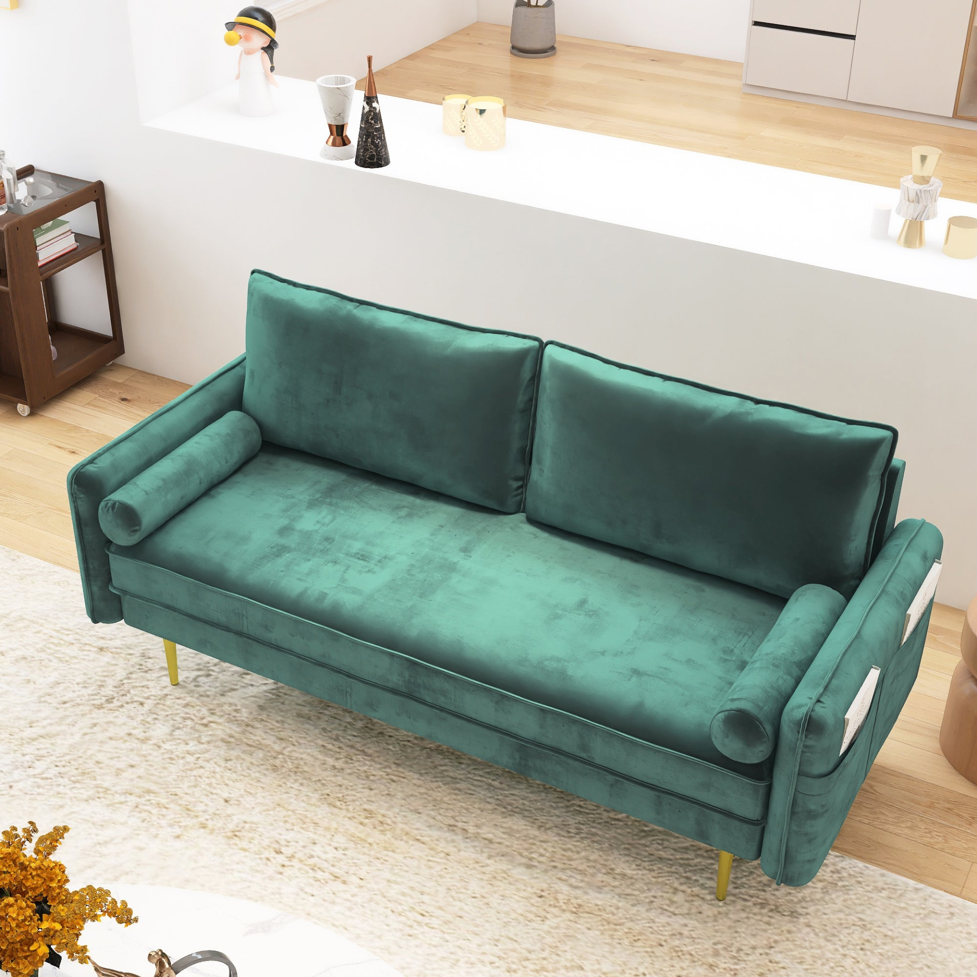 [product_type] | 71'' Velvet Sofa - Mid Century Couch with 2 Throw Pillows & Pockets for Living Room, Green | casafoyer.myshopify.com