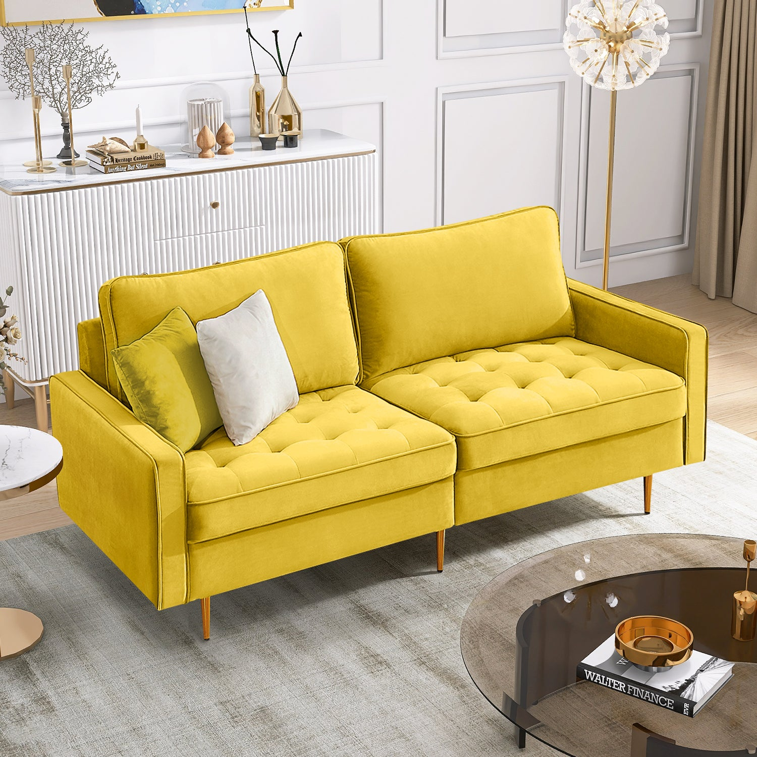 Sofa & Chair sets | Modern Velvet Fabric Sofa 71" - Yellow | Luxurious Design | casafoyer.myshopify.com