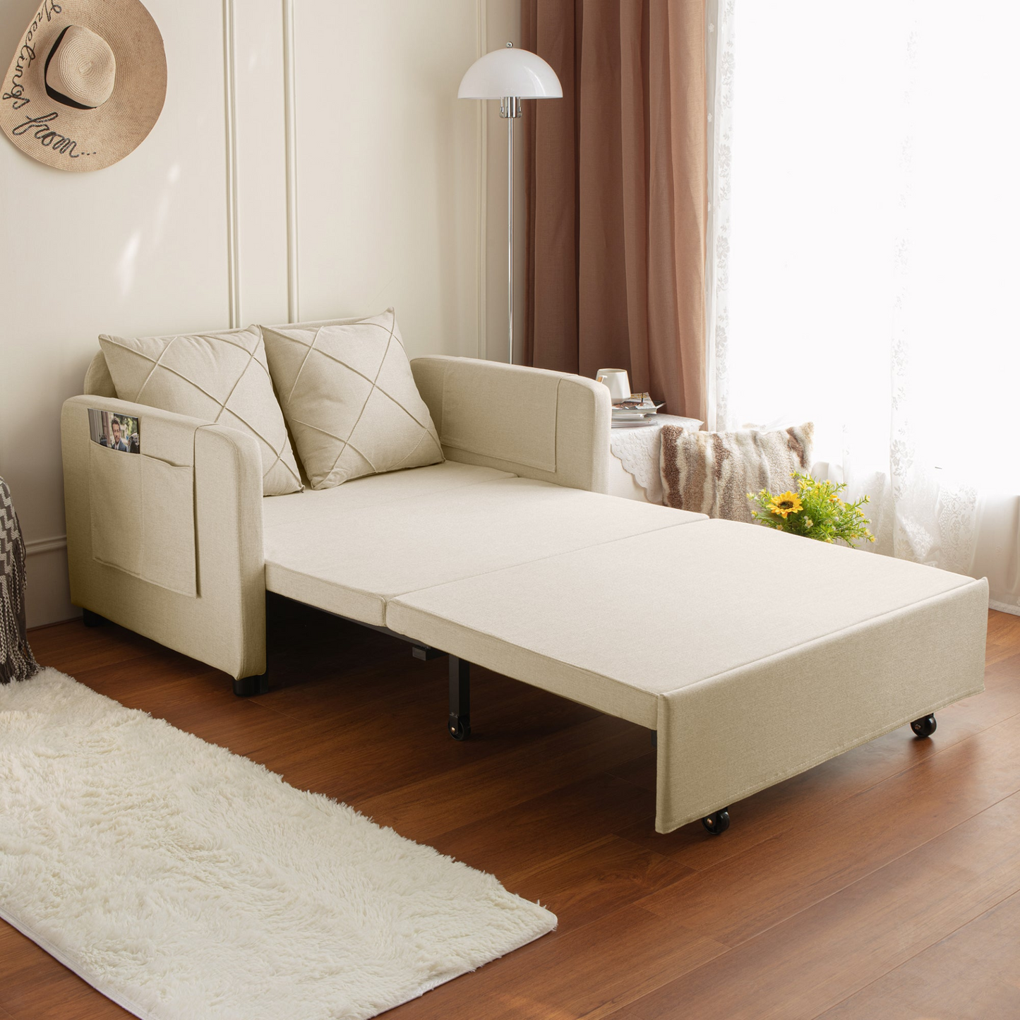 Sofa & Chair sets | Modern Love Seat Futon Sofa Bed with Headboard,Linen Love seat Couch,Pull Out Sofa Bed With 2 Pillows & 2 Sides Pockets for Any Small Spaces | casafoyer.myshopify.com