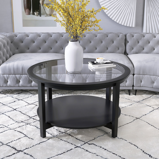 coffee tables | Round Glass Top Solid Wood Storage Coffee Table, Black | casafoyer.myshopify.com