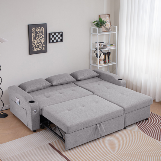 [product_type] | 84" Adjustable Backrest Sofa Bed - Modern Linen Sleeper with USB Ports & Cup Holders | casafoyer.myshopify.com