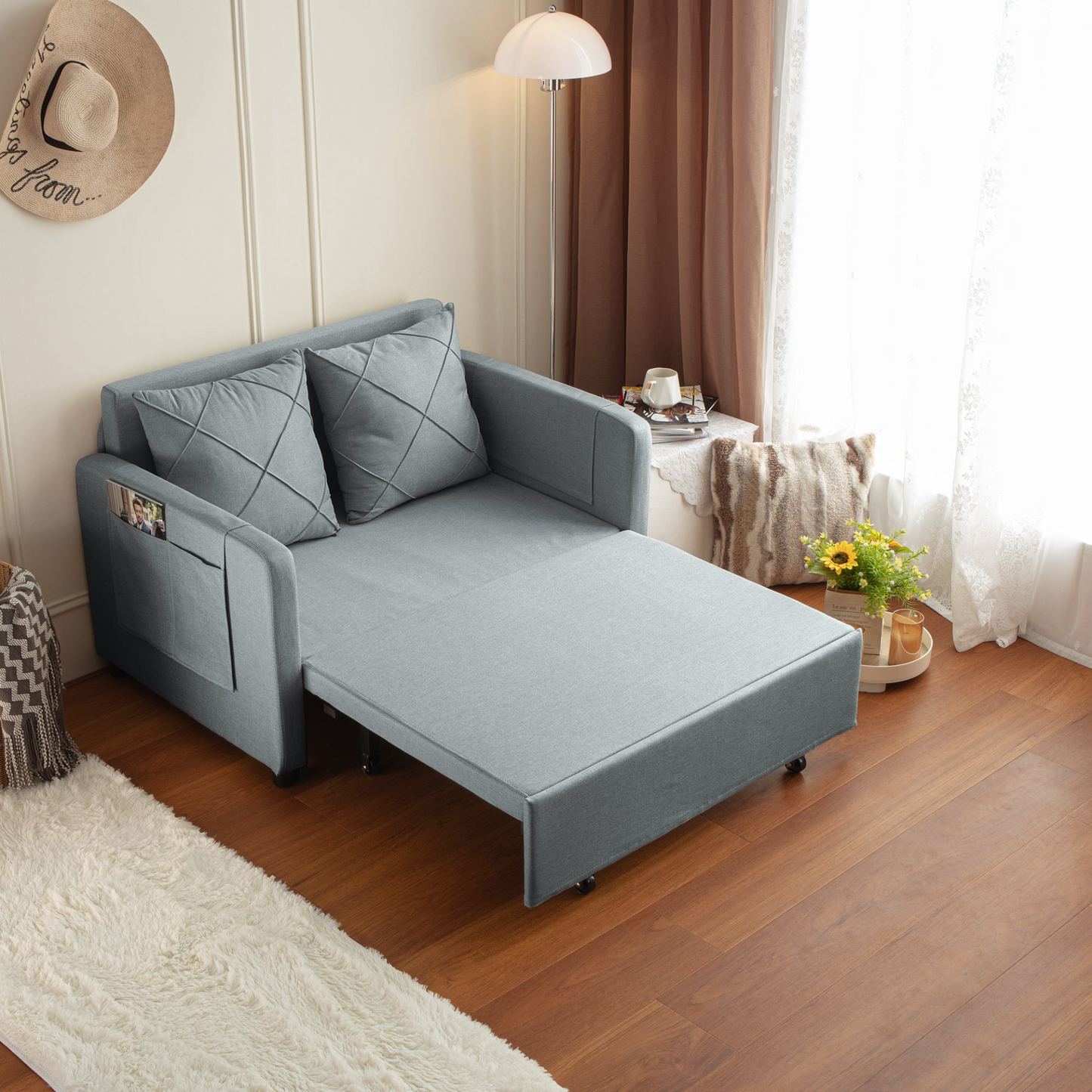 Sofa & Chair sets | Modern Love Seat Futon Sofa Bed with Headboard,Linen Love seat Couch,Pull Out Sofa Bed With 2 Pillows & 2 Sides Pockets for Any Small Spaces | casafoyer.myshopify.com