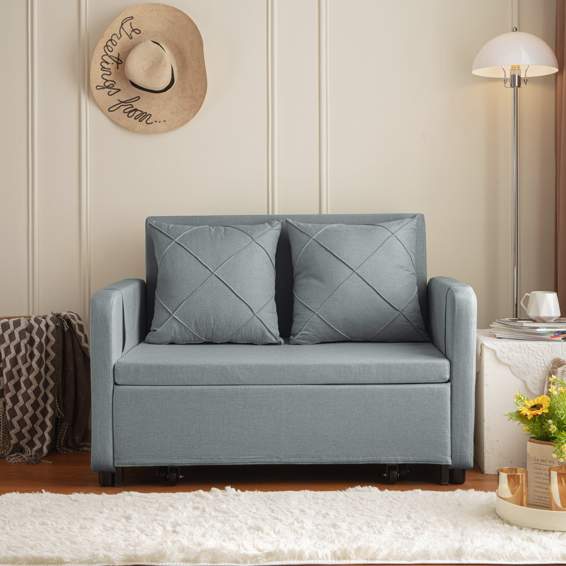 Sofa & Chair sets | Modern Love Seat Futon Sofa Bed with Headboard,Linen Love seat Couch,Pull Out Sofa Bed With 2 Pillows & 2 Sides Pockets for Any Small Spaces | casafoyer.myshopify.com