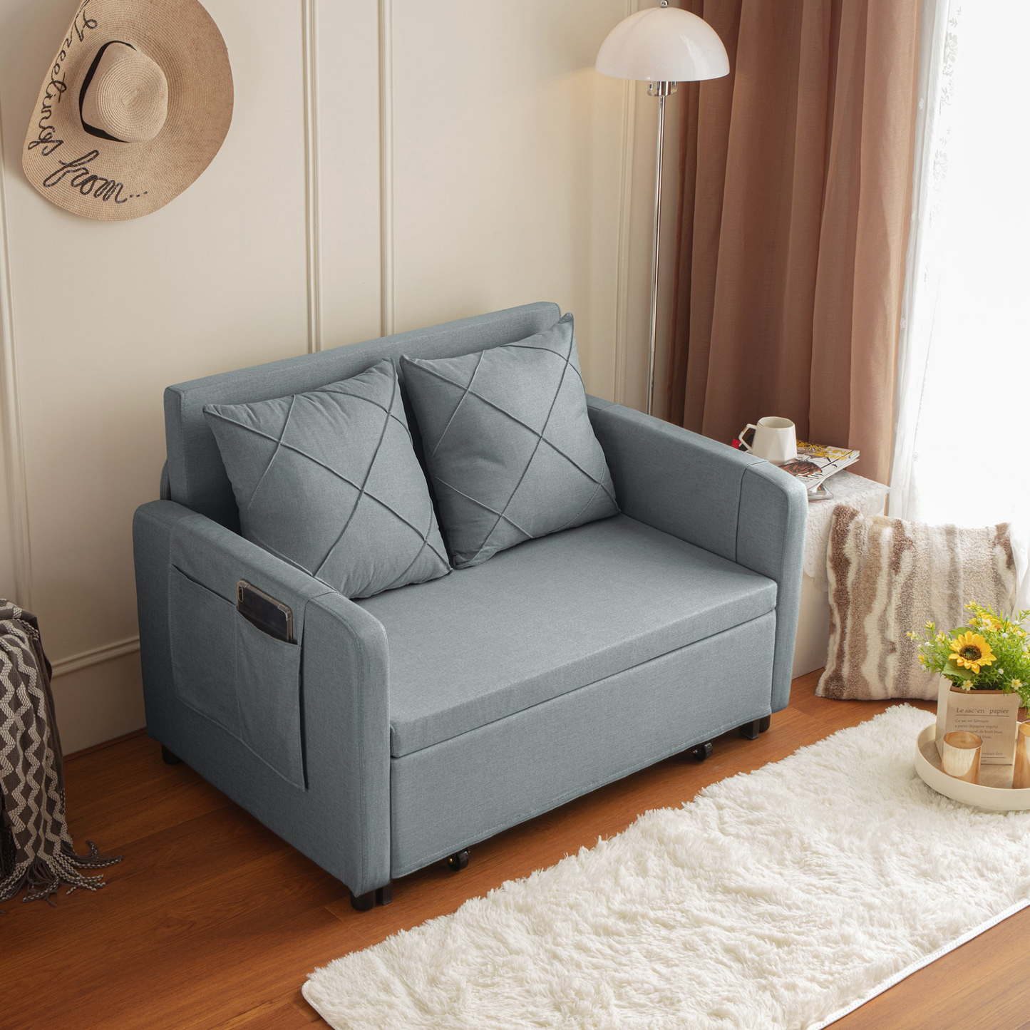 Sofa & Chair sets | Modern Love Seat Futon Sofa Bed with Headboard,Linen Love seat Couch,Pull Out Sofa Bed With 2 Pillows & 2 Sides Pockets for Any Small Spaces | casafoyer.myshopify.com