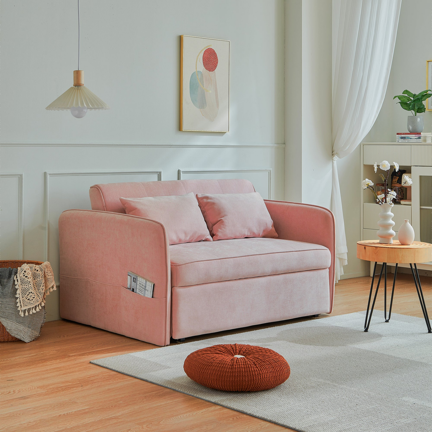 Sofa & Chair sets | Chenille Fabric Pull-Out Sofa Bed, Sleeper Loveseat Couch with Adjustable Armrests - Pink | casafoyer.myshopify.com