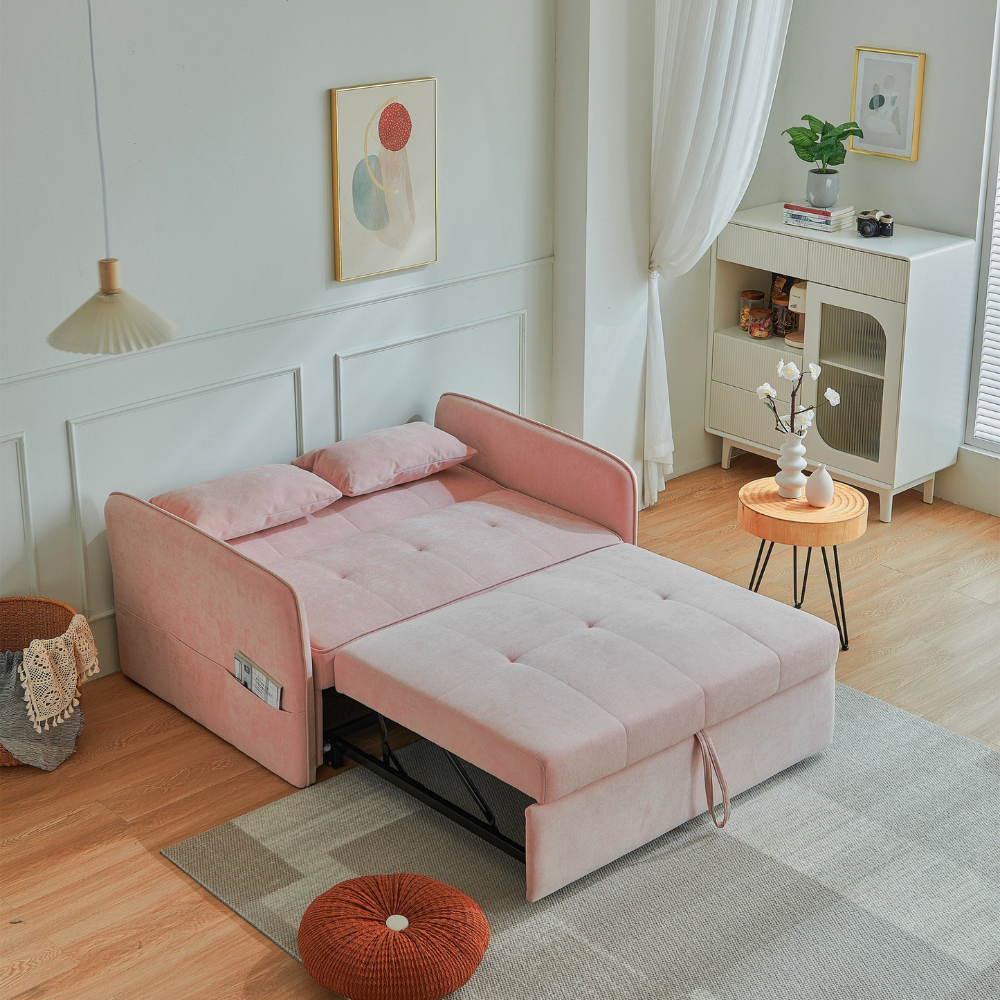 Sofa & Chair sets | Chenille Fabric Pull-Out Sofa Bed, Sleeper Loveseat Couch with Adjustable Armrests - Pink | casafoyer.myshopify.com