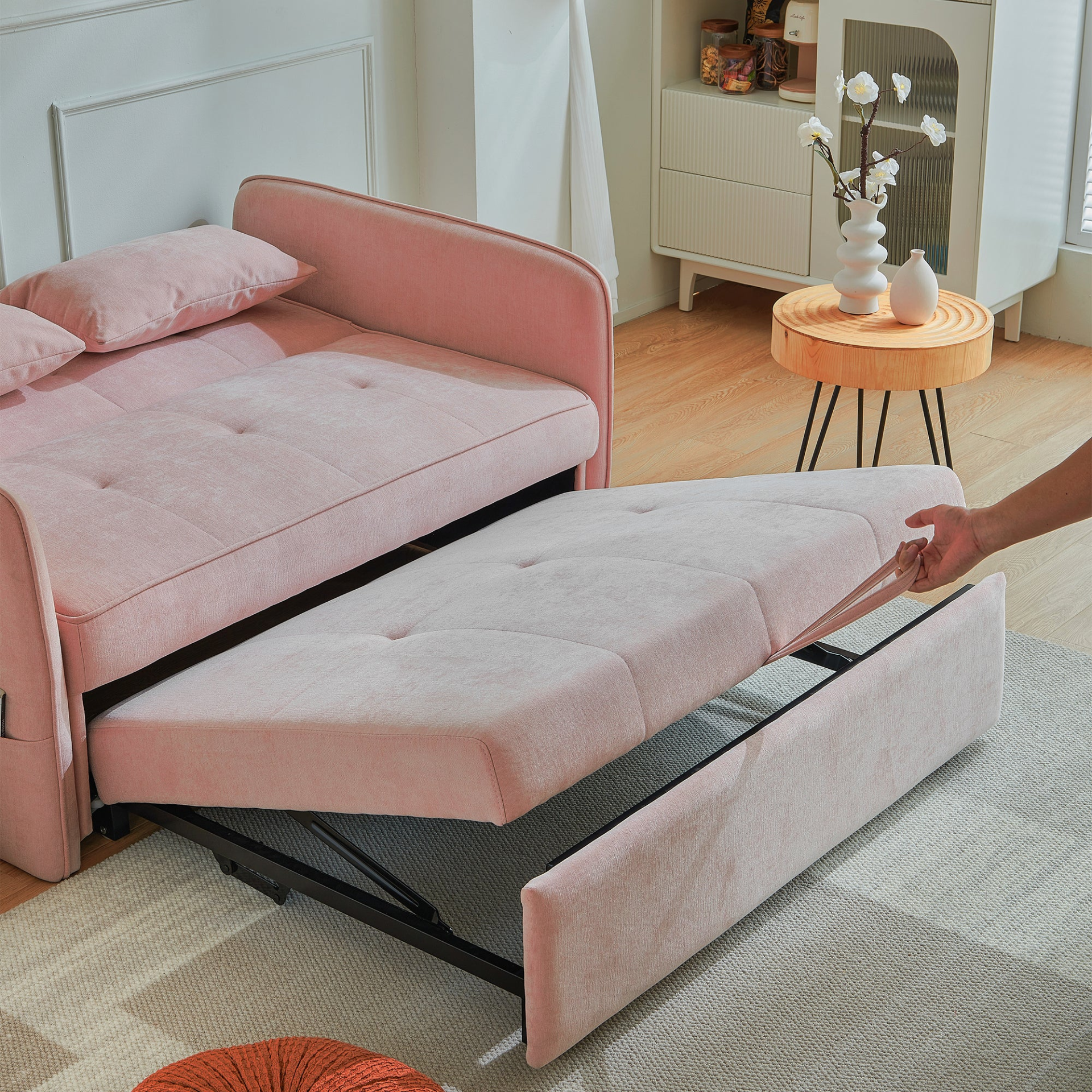 Sofa & Chair sets | Chenille Fabric Pull-Out Sofa Bed, Sleeper Loveseat Couch with Adjustable Armrests - Pink | casafoyer.myshopify.com