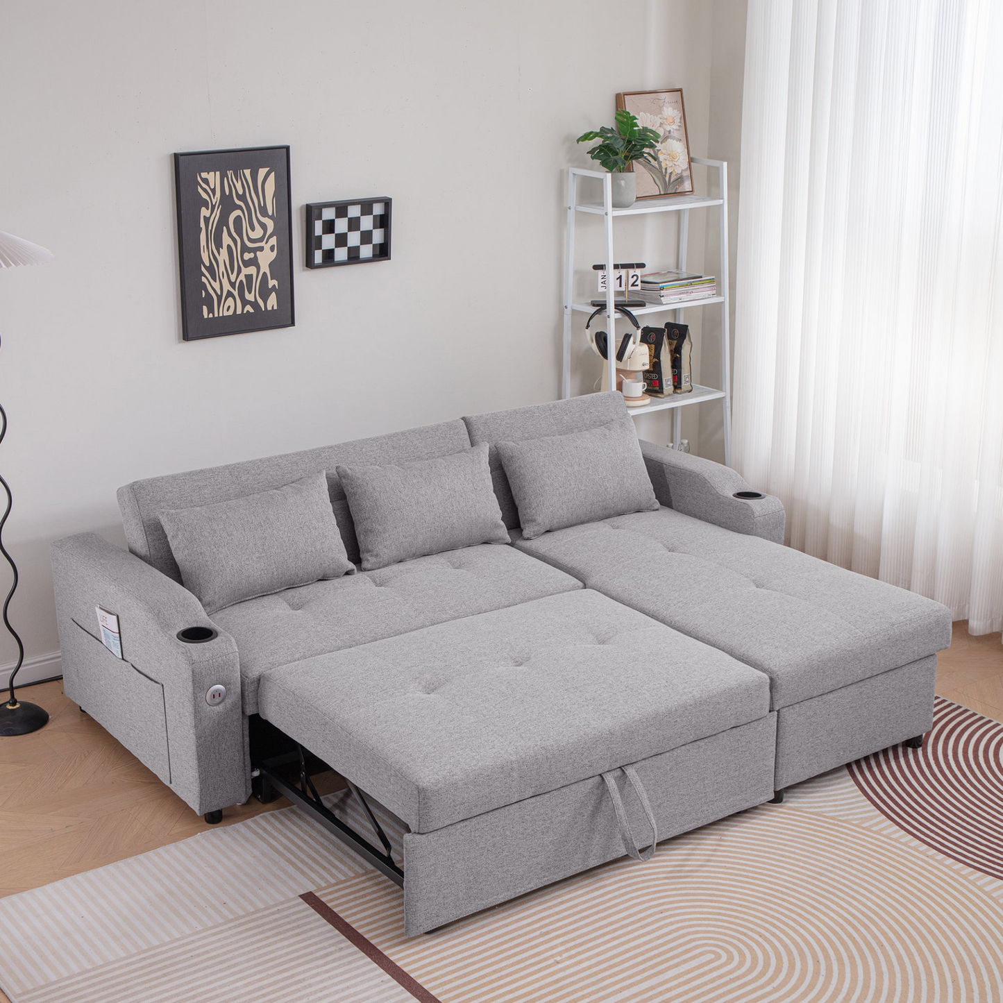 [product_type] | 84" Adjustable Backrest Sofa Bed - Modern Linen Sleeper with USB Ports & Cup Holders | casafoyer.myshopify.com