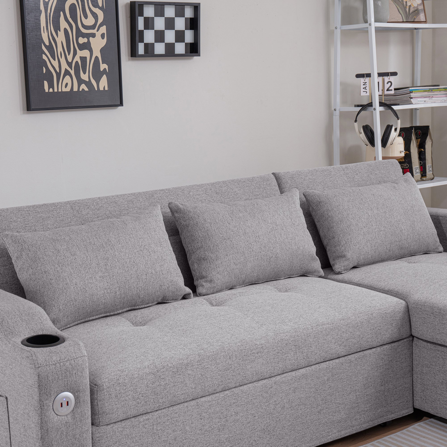 [product_type] | 84" Adjustable Backrest Sofa Bed - Modern Linen Sleeper with USB Ports & Cup Holders | casafoyer.myshopify.com