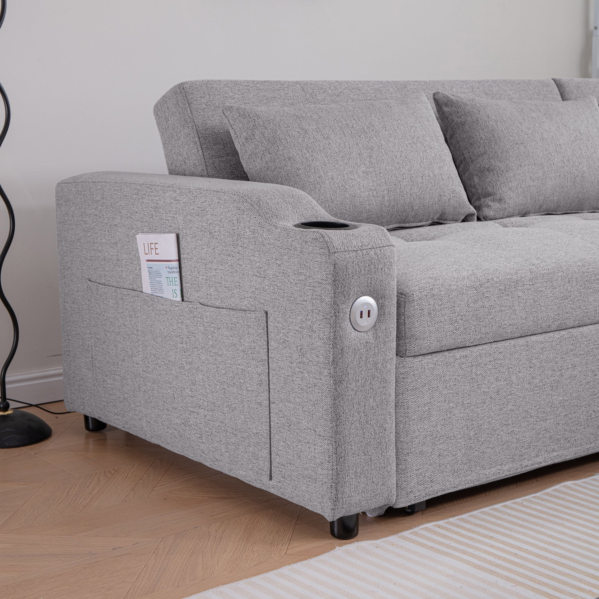 [product_type] | 84" Adjustable Backrest Sofa Bed - Modern Linen Sleeper with USB Ports & Cup Holders | casafoyer.myshopify.com