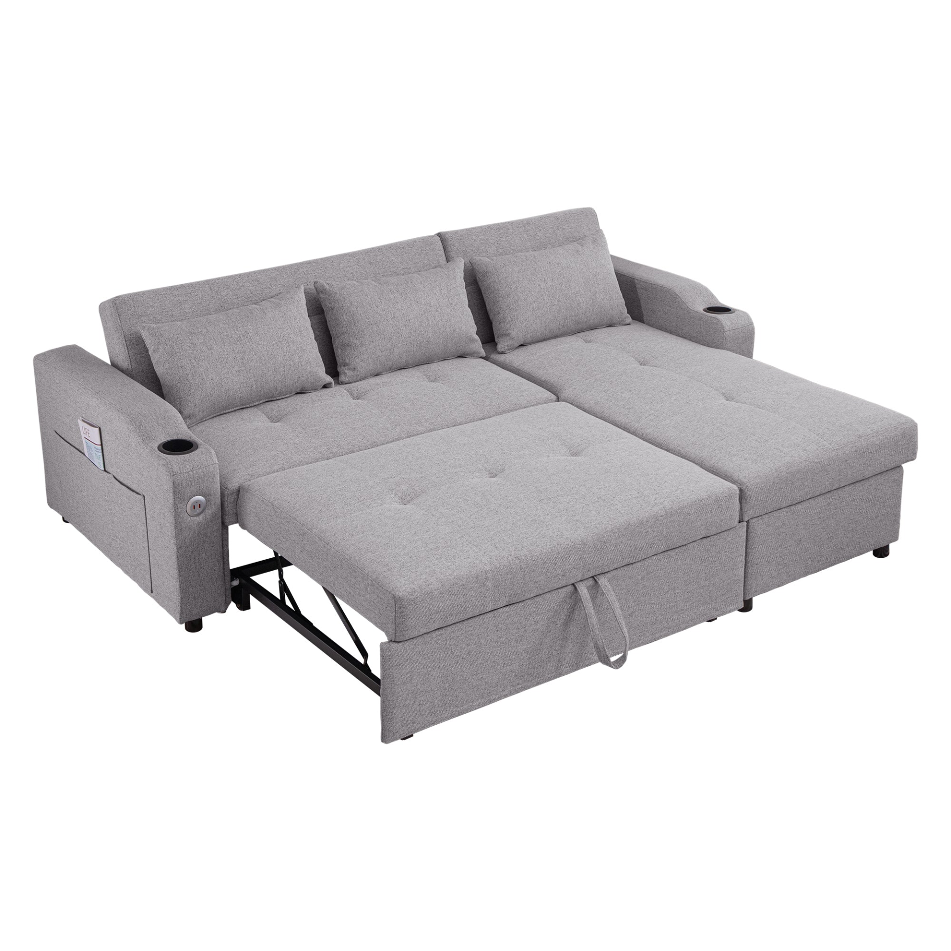 [product_type] | 84" Adjustable Backrest Sofa Bed - Modern Linen Sleeper with USB Ports & Cup Holders | casafoyer.myshopify.com