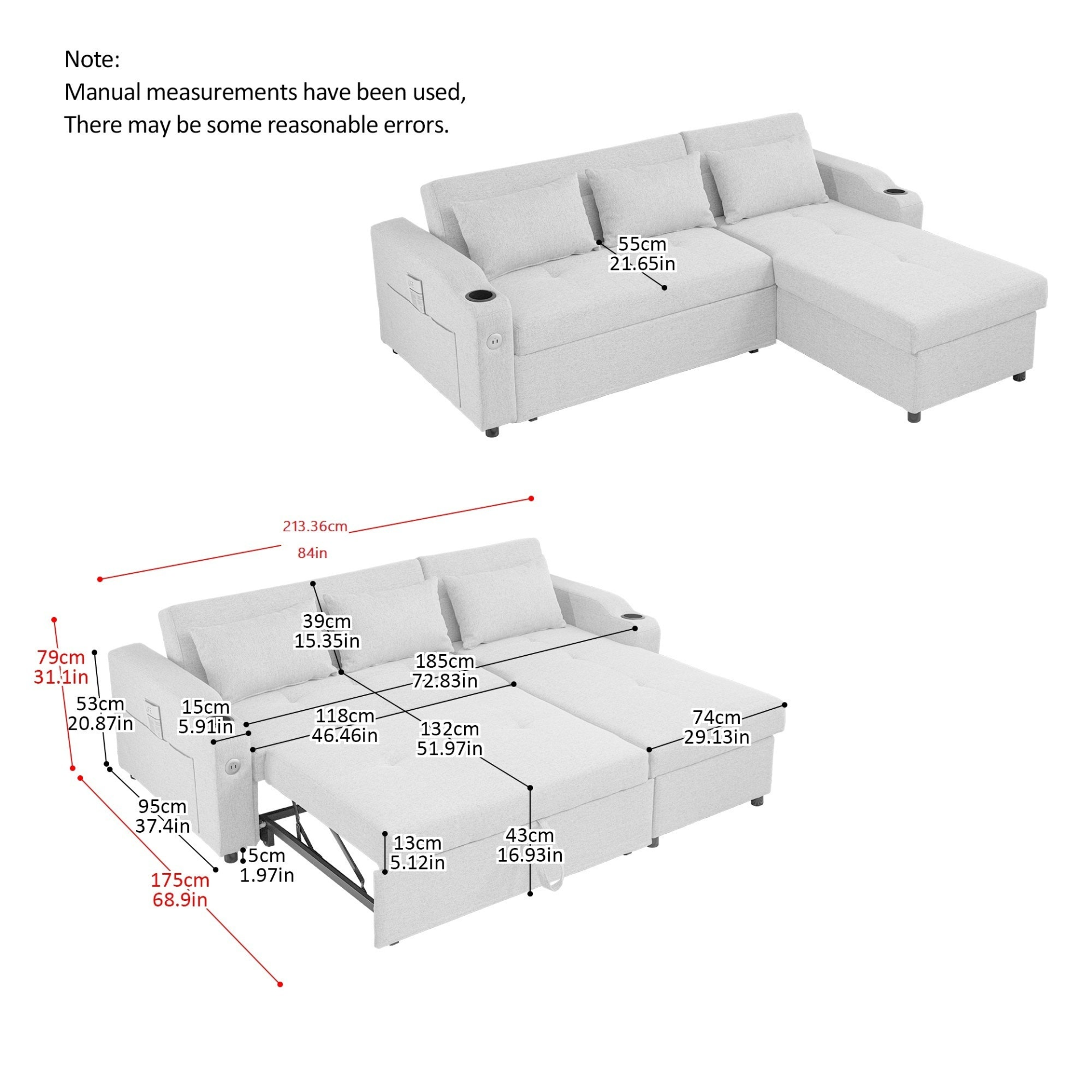 [product_type] | 84" Adjustable Backrest Sofa Bed - Modern Linen Sleeper with USB Ports & Cup Holders | casafoyer.myshopify.com