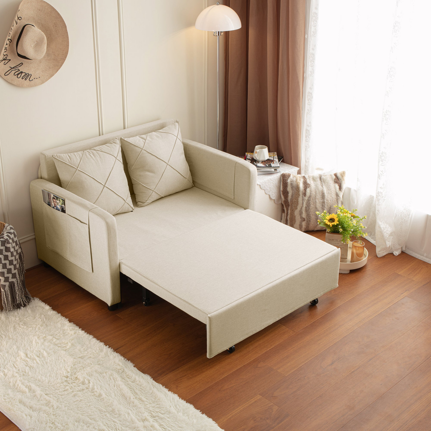 Sofa & Chair sets | Modern Love Seat Futon Sofa Bed with Headboard,Linen Love seat Couch,Pull Out Sofa Bed With 2 Pillows & 2 Sides Pockets for Any Small Spaces | casafoyer.myshopify.com