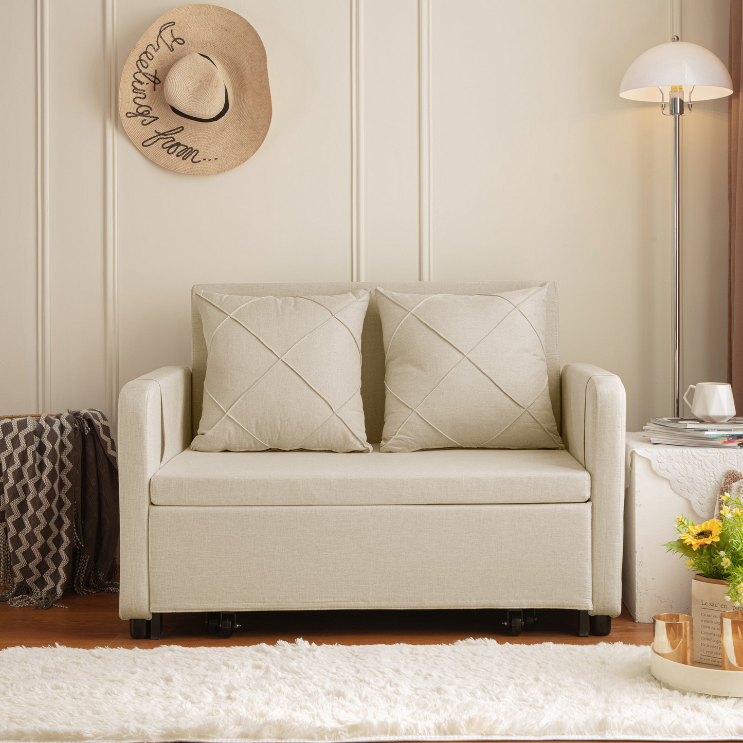 Sofa & Chair sets | Modern Love Seat Futon Sofa Bed with Headboard,Linen Love seat Couch,Pull Out Sofa Bed With 2 Pillows & 2 Sides Pockets for Any Small Spaces | casafoyer.myshopify.com