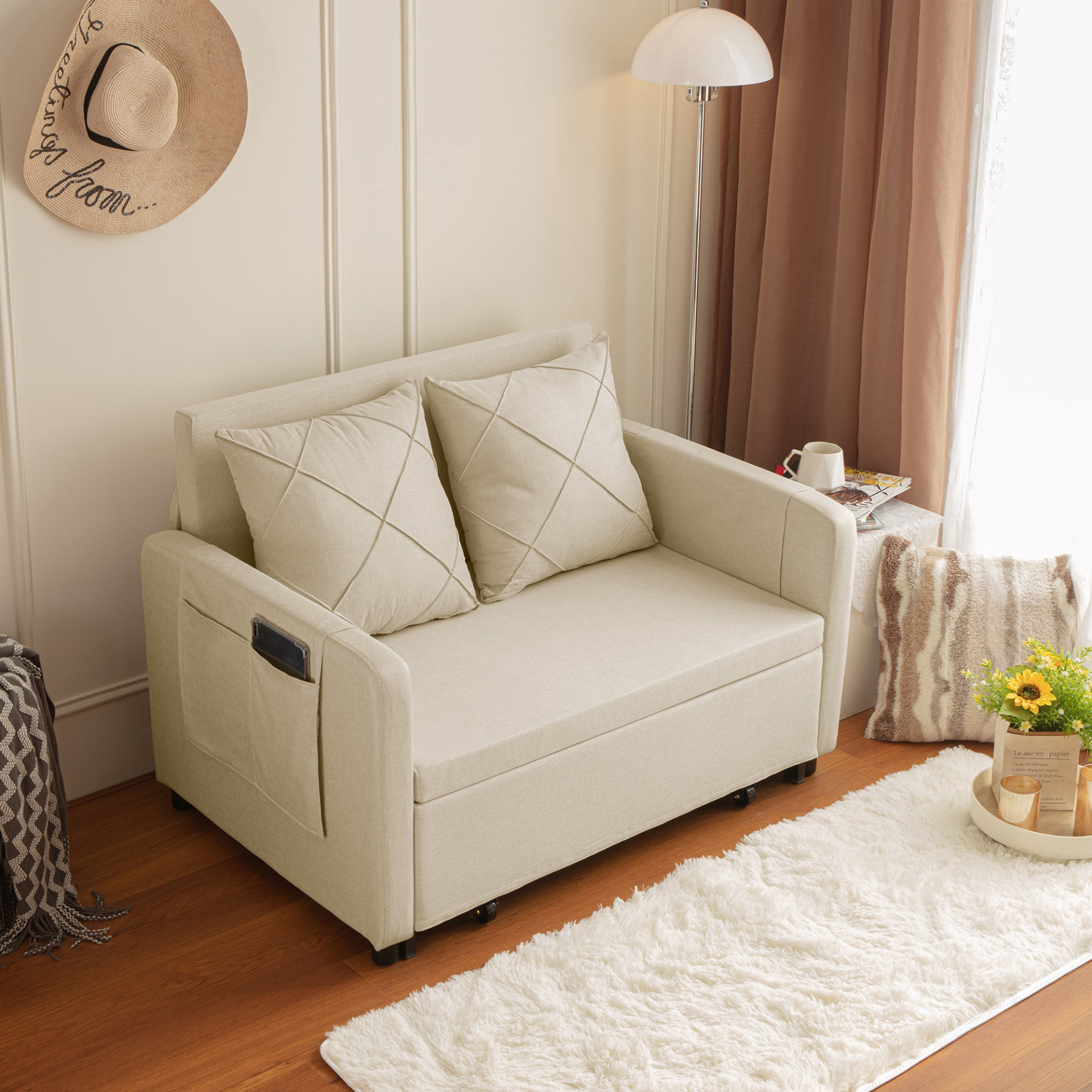 Sofa & Chair sets | Modern Love Seat Futon Sofa Bed with Headboard,Linen Love seat Couch,Pull Out Sofa Bed With 2 Pillows & 2 Sides Pockets for Any Small Spaces | casafoyer.myshopify.com