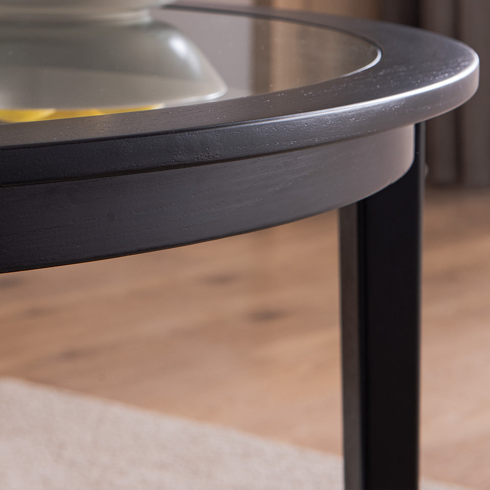 coffee tables | Round Glass Top Solid Wood Storage Coffee Table, Black | casafoyer.myshopify.com