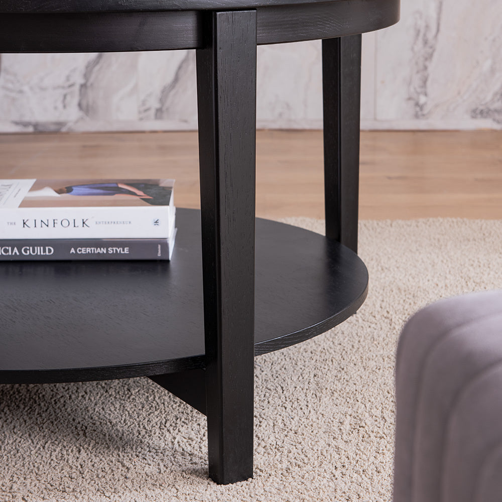 coffee tables | Round Glass Top Solid Wood Storage Coffee Table, Black | casafoyer.myshopify.com