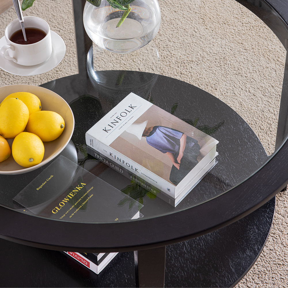 coffee tables | Round Glass Top Solid Wood Storage Coffee Table, Black | casafoyer.myshopify.com