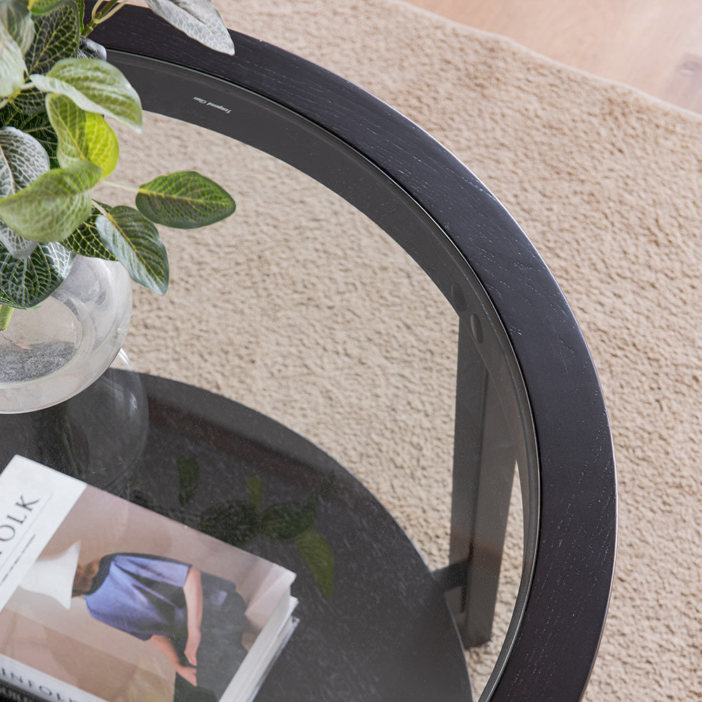 coffee tables | Round Glass Top Solid Wood Storage Coffee Table, Black | casafoyer.myshopify.com