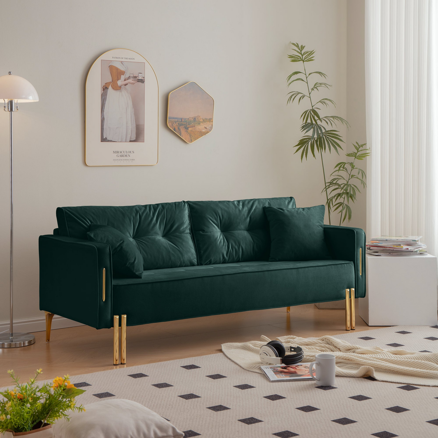 Sofa & Chair sets | Velvet Sofa Couch Luxury Modern Upholstered 3-Seater sofa with 2 Pillows for Living Room, Apartment and Small Space | casafoyer.myshopify.com