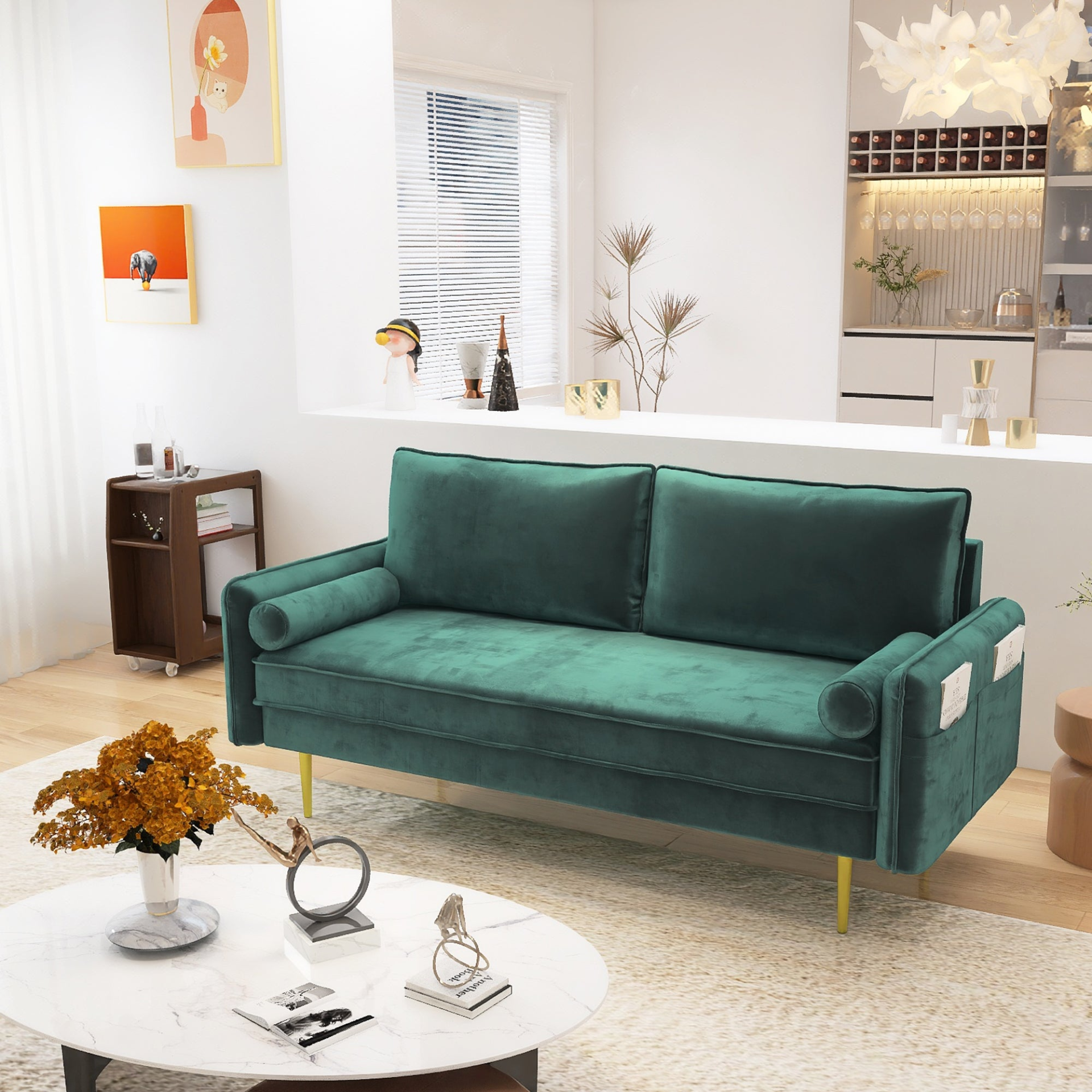 [product_type] | 71'' Velvet Sofa - Mid Century Couch with 2 Throw Pillows & Pockets for Living Room, Green | casafoyer.myshopify.com