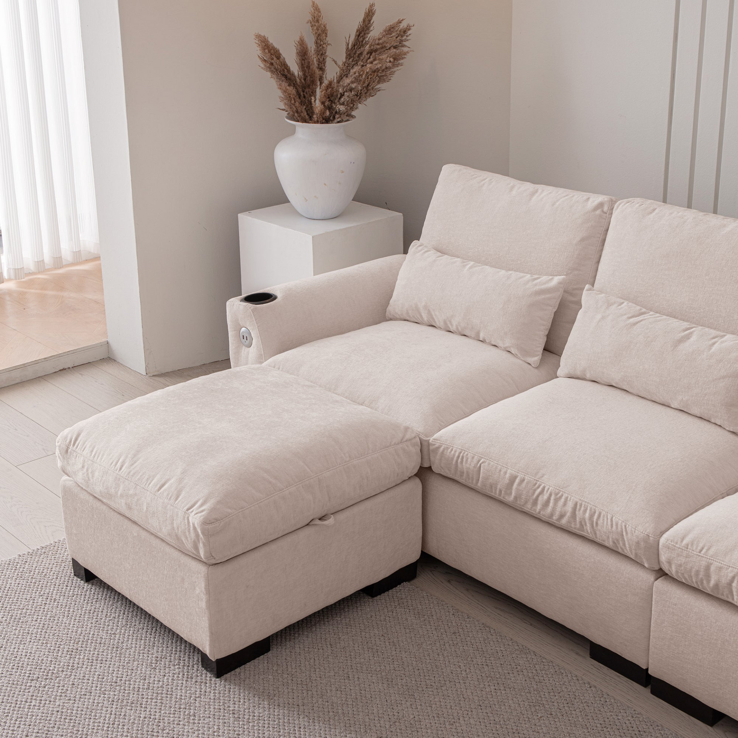 Sofa & Chair sets | Modern Modular L Shaped Chenille Sofa Couch Reversible Ottoman With Storage Removable and Washable Cushions Sofa With USB Ports & Cup Holder For Living Room | casafoyer.myshopify.com