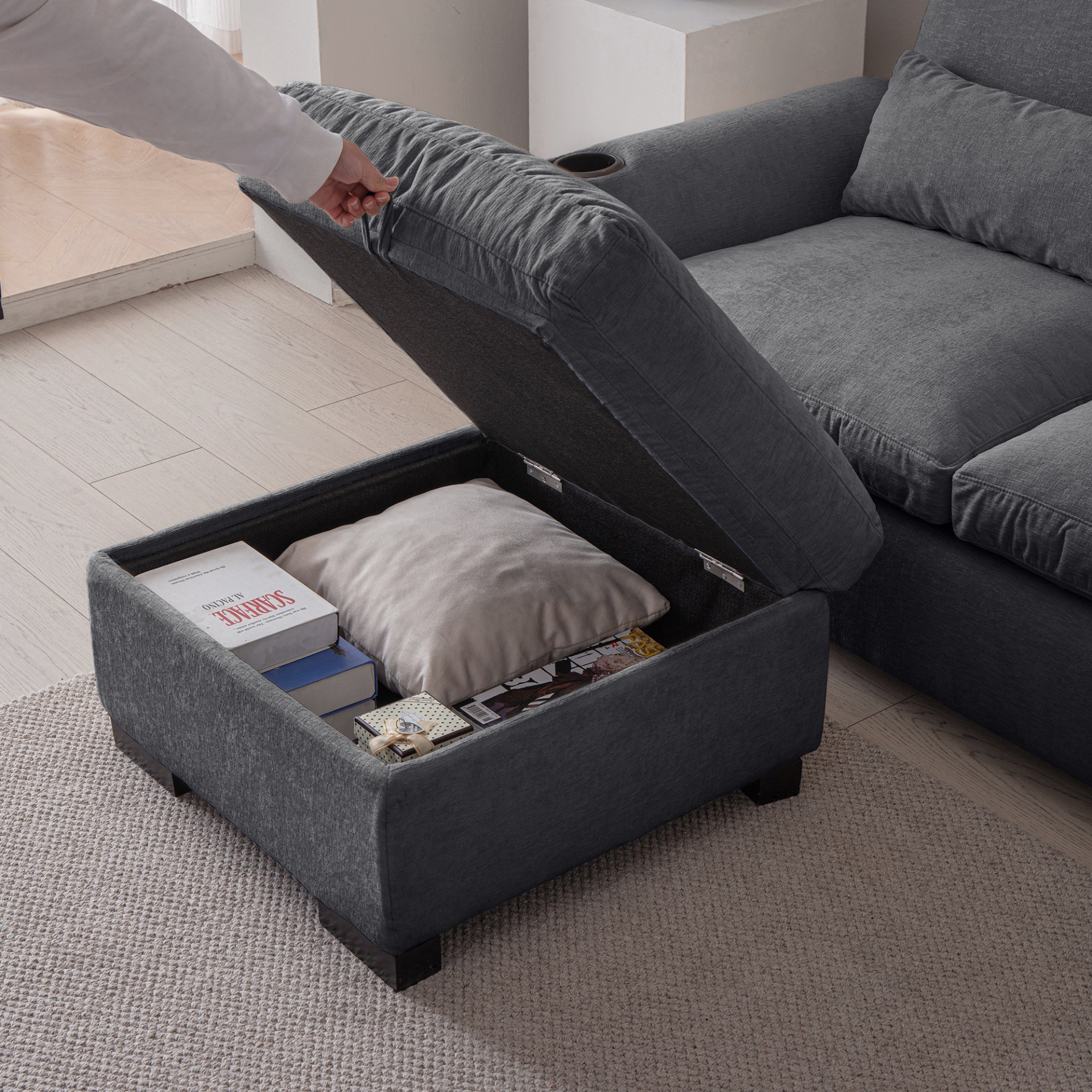 Sofa & Chair sets | Modern Modular L Shaped Chenille Sofa Couch Reversible Ottoman With Storage Removable and Washable Cushions Sofa With USB Ports & Cup Holder For Living Room | casafoyer.myshopify.com