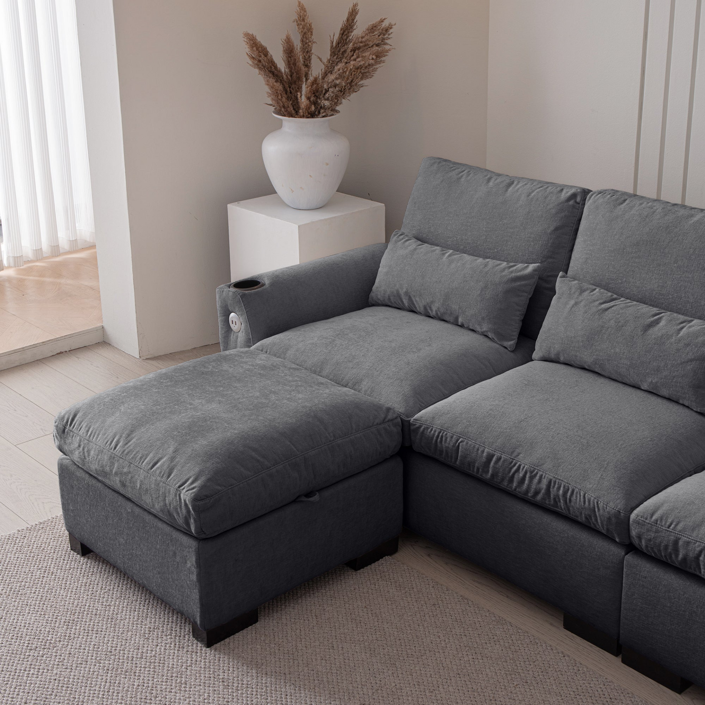 Sofa & Chair sets | Modern Modular L Shaped Chenille Sofa Couch Reversible Ottoman With Storage Removable and Washable Cushions Sofa With USB Ports & Cup Holder For Living Room | casafoyer.myshopify.com