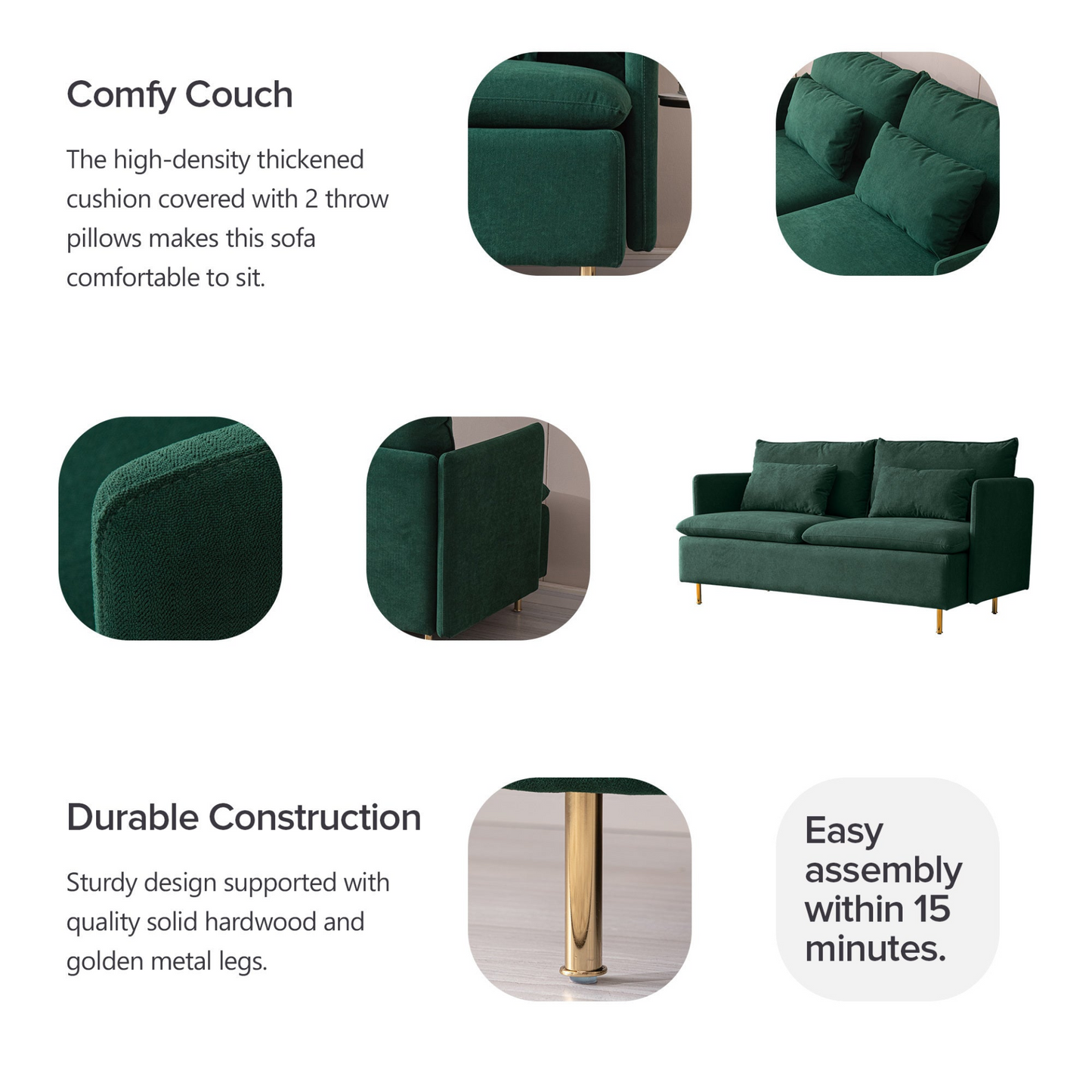 Sofa & Chair sets | Modern Upholstered Loveseat Sofa, Emerald Cotton Linen - 63.8" | casafoyer.myshopify.com