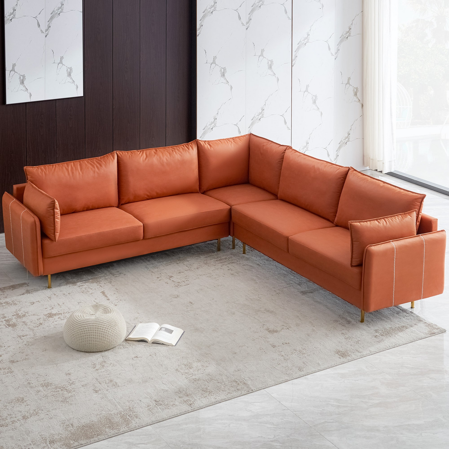 Sofa & Chair sets | L-Shaped Corner Sectional Technical leather Sofa-orange, 92.5*92.5'' | casafoyer.myshopify.com