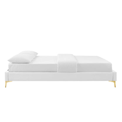 Bed | CasaFoyer Sutton Performance Velvet Full Bed Frame | Stain-Resistant Upholstery | Wood Slat Support | Gold Metal Legs | White | casafoyer.myshopify.com