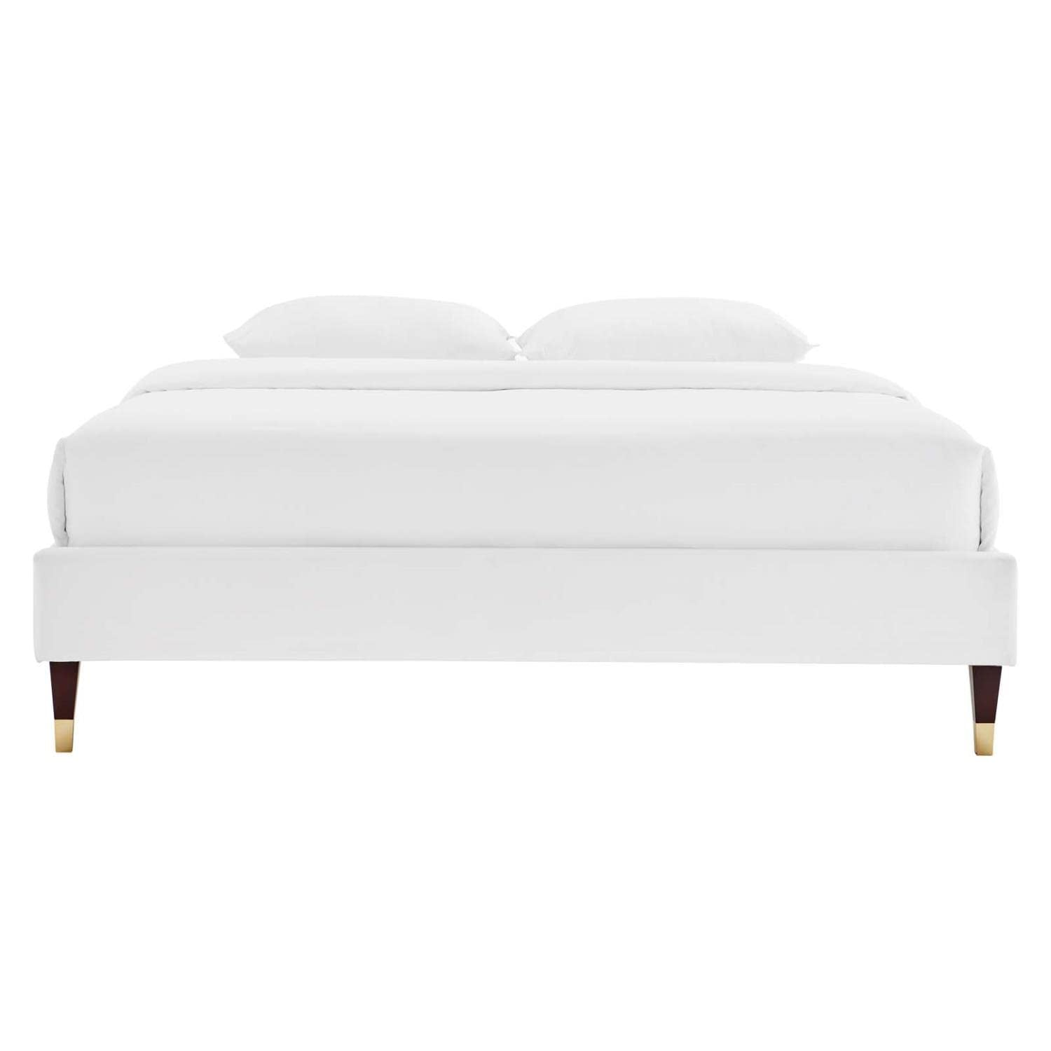 Bed | CasaFoyer Harlow Performance Velvet Twin Bed Frame | Elegant & Opulent | Sturdy Wood Legs | Gold Metal Sleeves | Stain-Resistant Velvet | Compatible with Various Mattress Types | Assembly Required | 800 lbs Weight Capacity | (White) | casafoyer.myshopify.com