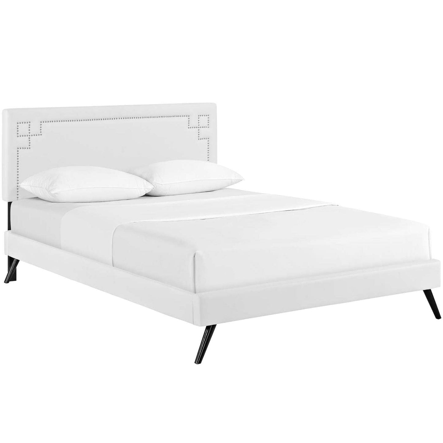 Bed | CasaFoyer Ruthie Platform Bed | Solid Wood Frame | Vinyl Upholstery | Tapered Legs | No Box Spring Needed | Compatible with Memory Foam Mattresses | White | casafoyer.myshopify.com
