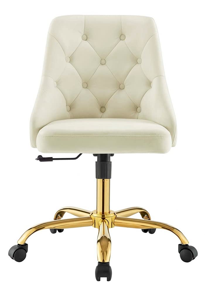 home office desk chairs | CasaFoyer Distinct Tufted Performance Velvet Office Chair | Glam Deco Style | Gold Accents | Comfortable Foam Padding | Swivel & Height Adjustment | Ivory | casafoyer.myshopify.com