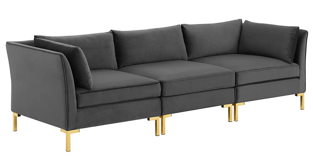 sofas | CasaFoyer Ardent Performance Velvet Sofa | Vintage Modern & Glam Deco Style | Versatile Sectional Design | Stain-Resistant | Dense Foam Padding | Gold Metal Legs | 3-Seater | Gray | casafoyer.myshopify.com