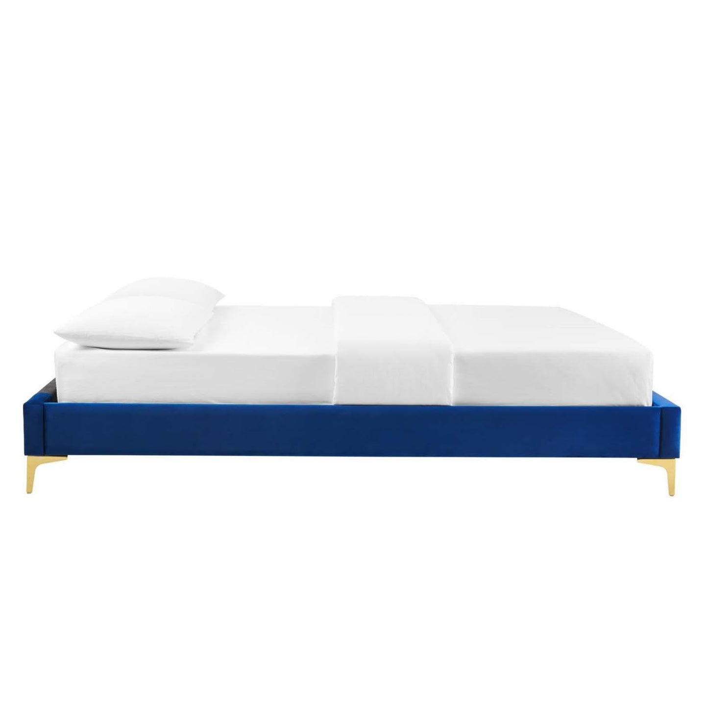 bed frames | CasaFoyer Sutton Performance Velvet Queen Bed Frame | Stain-Resistant | Durable | Elegant | Supports Memory Foam, Innerspring, Latex, Hybrid Mattresses | No Box Spring Needed | Gold Metal Legs | 800 lbs Weight Capacity | Assembly Required | Navy | casafoyer.myshopify.com