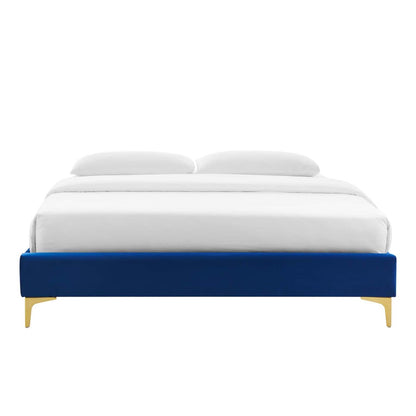 bed frames | CasaFoyer Sutton Performance Velvet Queen Bed Frame | Stain-Resistant | Durable | Elegant | Supports Memory Foam, Innerspring, Latex, Hybrid Mattresses | No Box Spring Needed | Gold Metal Legs | 800 lbs Weight Capacity | Assembly Required | Navy | casafoyer.myshopify.com