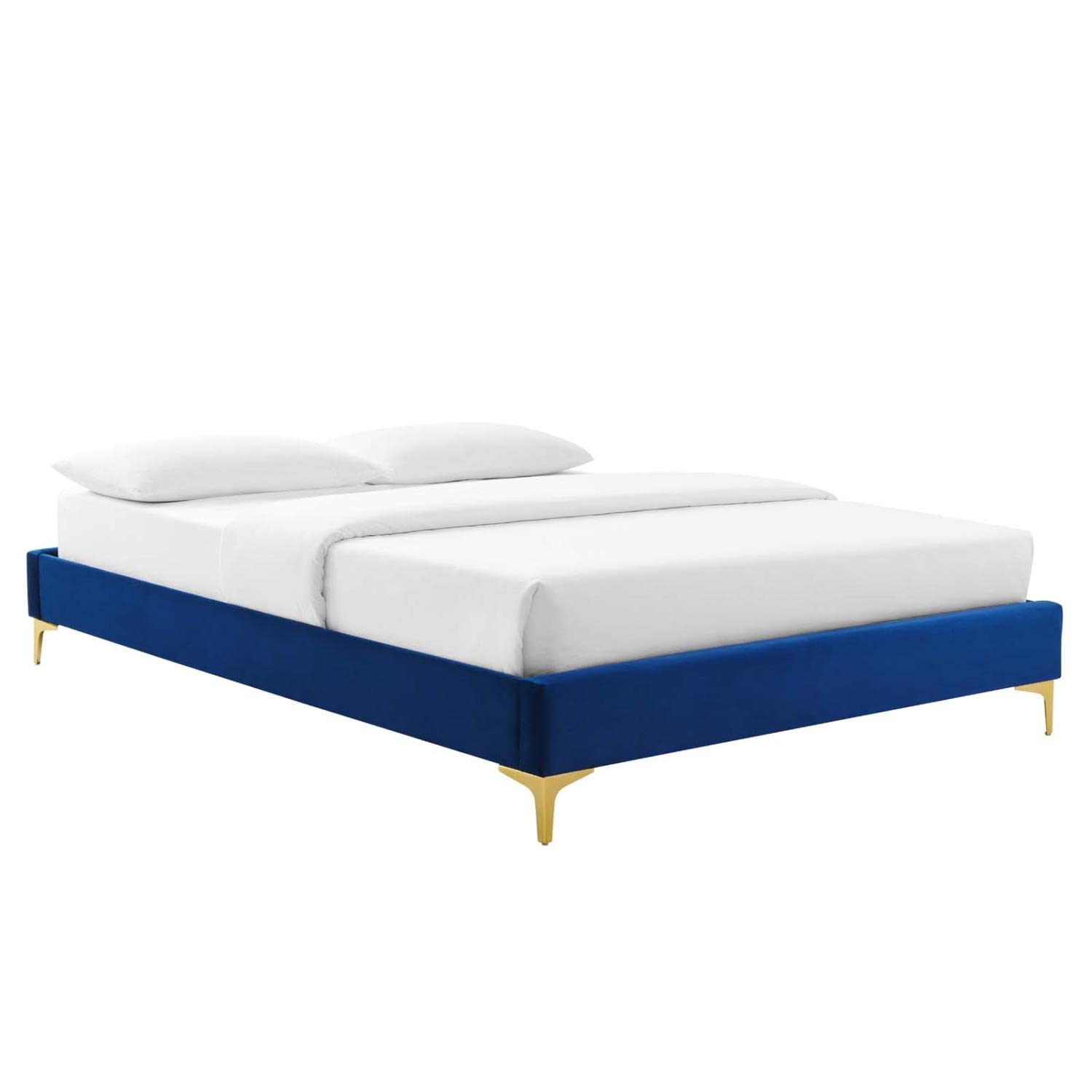 bed frames | CasaFoyer Sutton Performance Velvet King Bed Frame | Stain-Resistant | Durable | Supports Memory Foam, Innerspring, Latex, and Hybrid Mattresses | No Box Spring Needed | Gold Metal Legs | 1600 lbs Weight Capacity | Assembly Required | Navy | casafoyer.myshopify.com