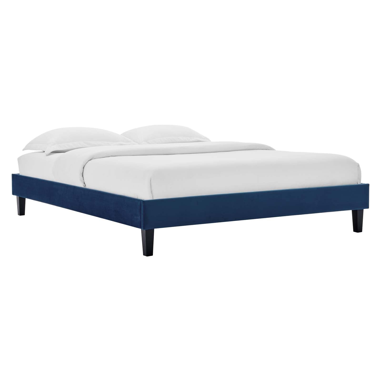 adjustable bed bases | CasaFoyer Reign Performance Velvet Queen Platform Bed Frame | Stain-Resistant | Solid Wood Legs | Memory Foam Compatible | Navy | casafoyer.myshopify.com